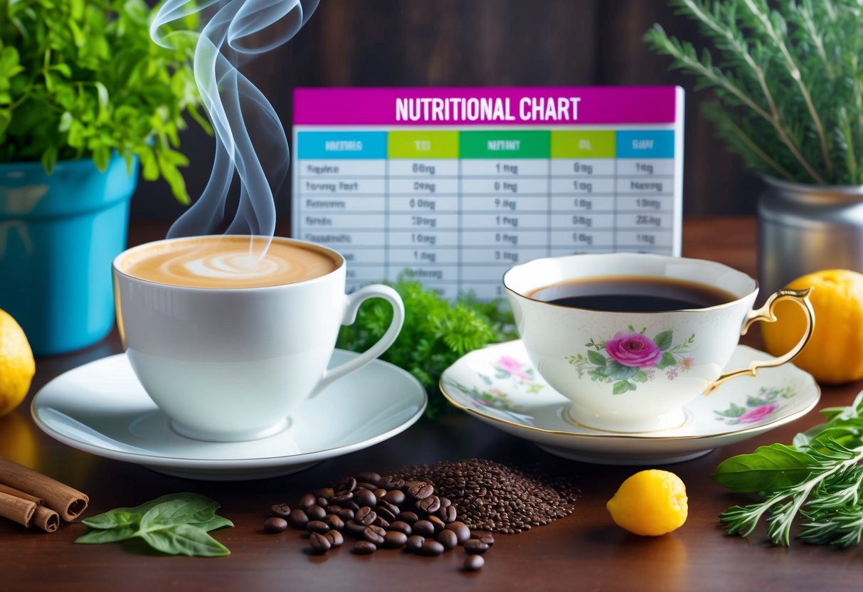 A steaming cup of coffee and a delicate teacup sit side by side on a table, surrounded by fresh herbs and fruits, with a nutritional chart displayed in the background