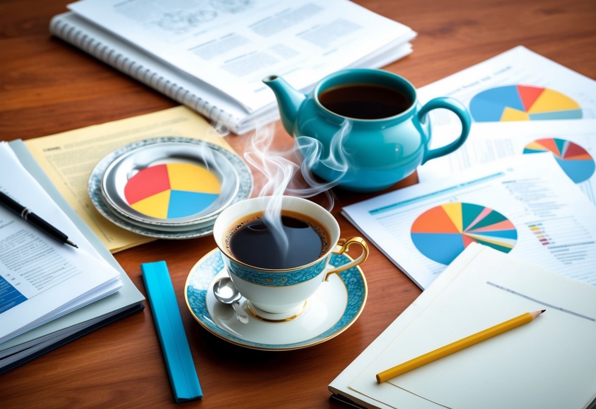 A table with a steaming cup of coffee and a delicate teapot surrounded by various research papers and scientific journals
