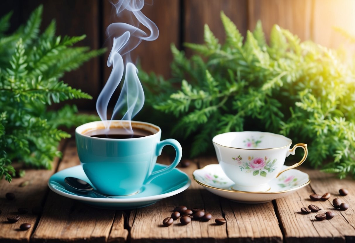 A steaming cup of coffee and a delicate teacup sit side by side on a rustic wooden table, surrounded by lush greenery and soft natural light