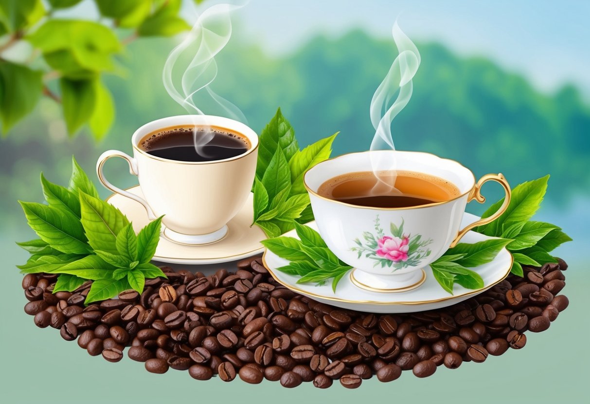 A steaming cup of coffee and a delicate teacup surrounded by vibrant green tea leaves and roasted coffee beans, with a backdrop of a serene, natural setting