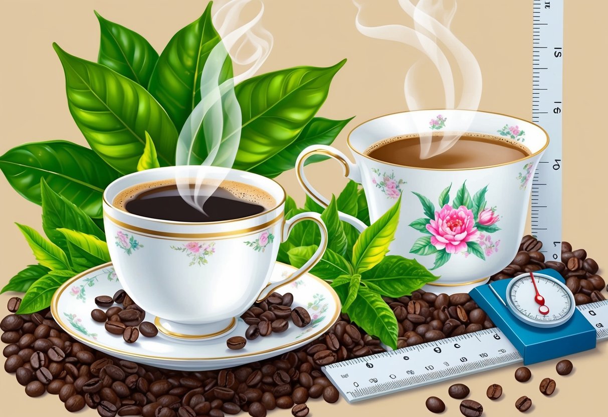 A steaming cup of coffee and a delicate teacup surrounded by vibrant green tea leaves and coffee beans, with a ruler and a scale nearby
