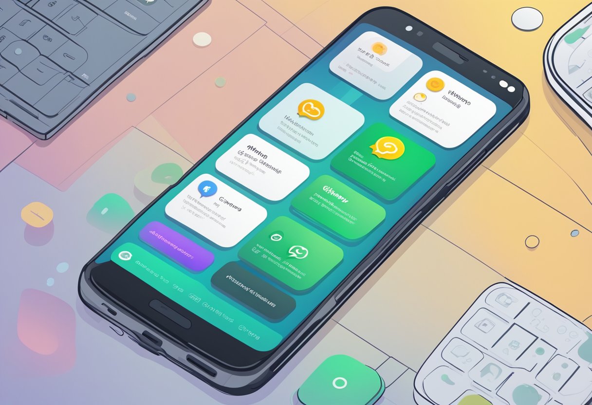 Um smartphone com uma interface de chatbot do WhatsApp exibida, com gráficos coloridos e envolventes, e um fluxo de conversa que destaca os benefícios de usar chatbots.