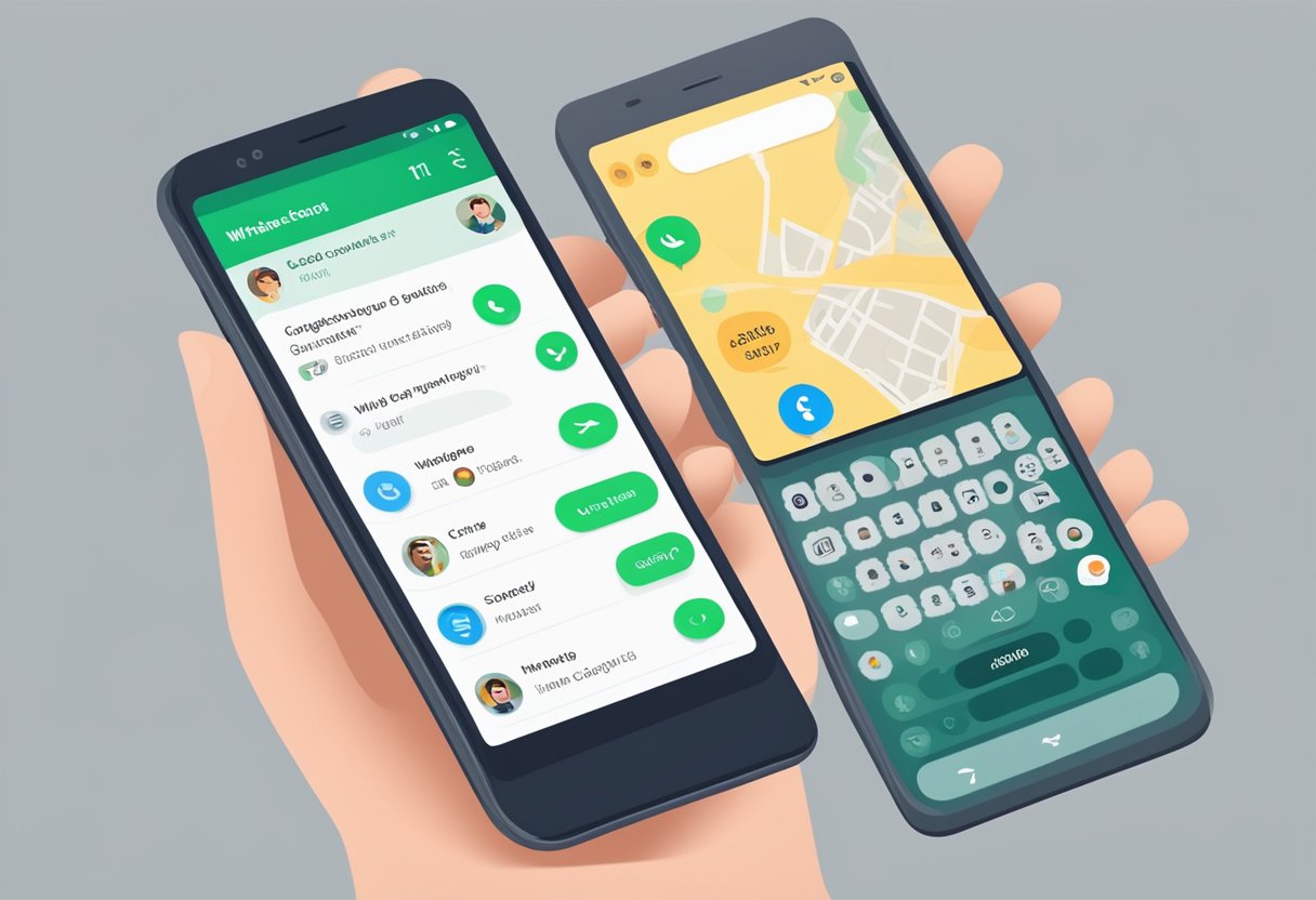 Um smartphone com uma interface de chat do WhatsApp aberta, exibindo uma conversa com um chatbot