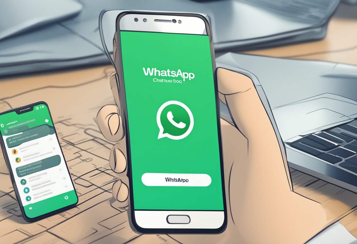 Um smartphone exibindo uma interface de chat do WhatsApp com um chatbot fornecendo recursos avançados