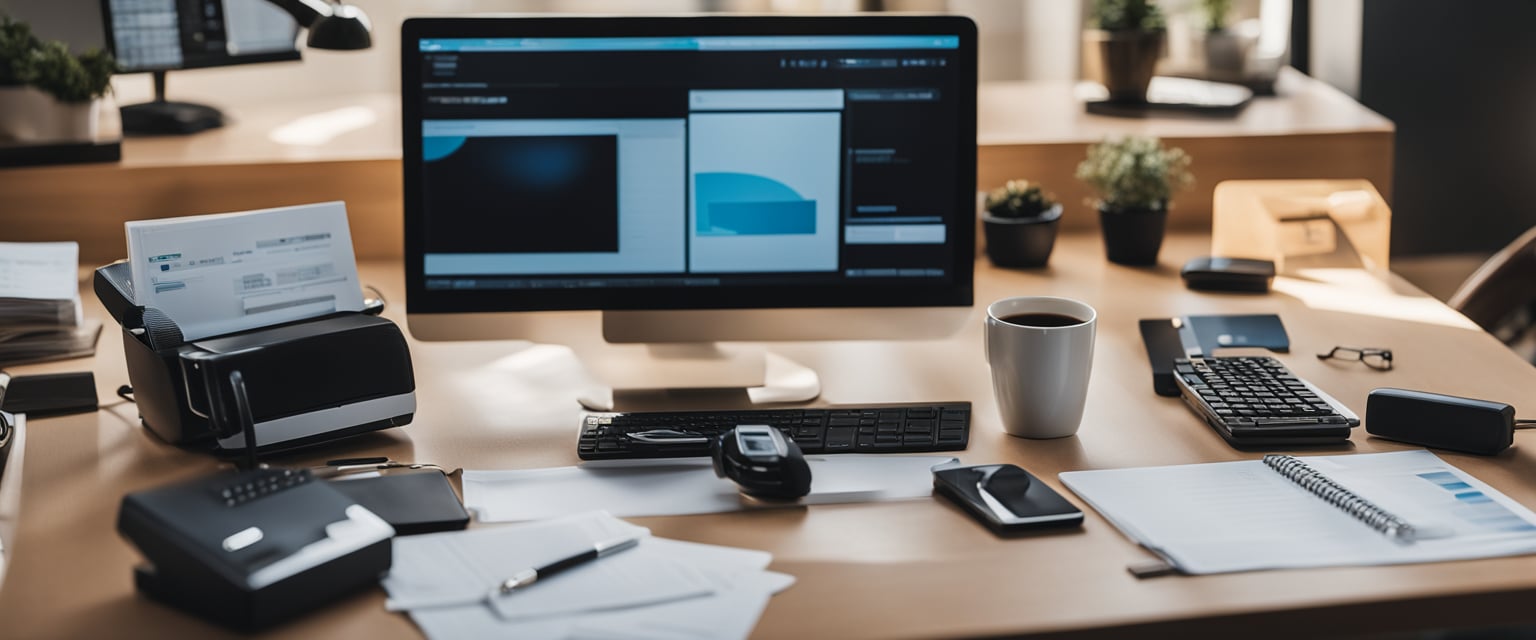 Ein Kleinunternehmer sitzt an einem Schreibtisch, umgeben von einem Computer, einem Telefon und Marketingmaterialien.