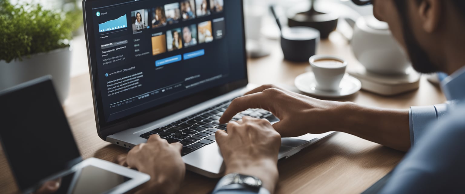 Ein Kleinunternehmer, der an einem Schreibtisch E-Mail-Marketing-Software verwendet.