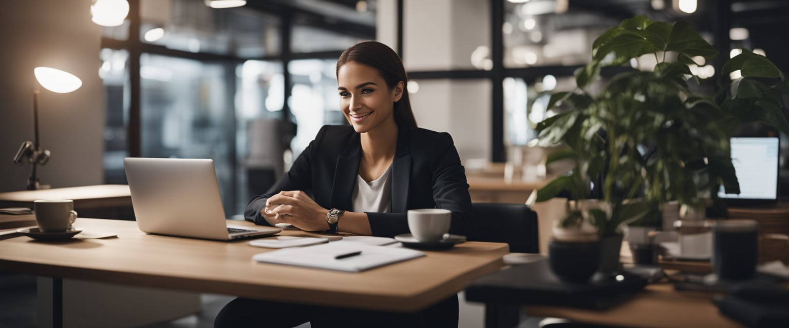 Ein Kleinunternehmer sitzt an einem Schreibtisch, umgeben von einem Laptop, einem Notizbuch und einem Stift, mit einer Tasse Kaffee, während er an einer E-Mail-Marketing-Software arbeitet.