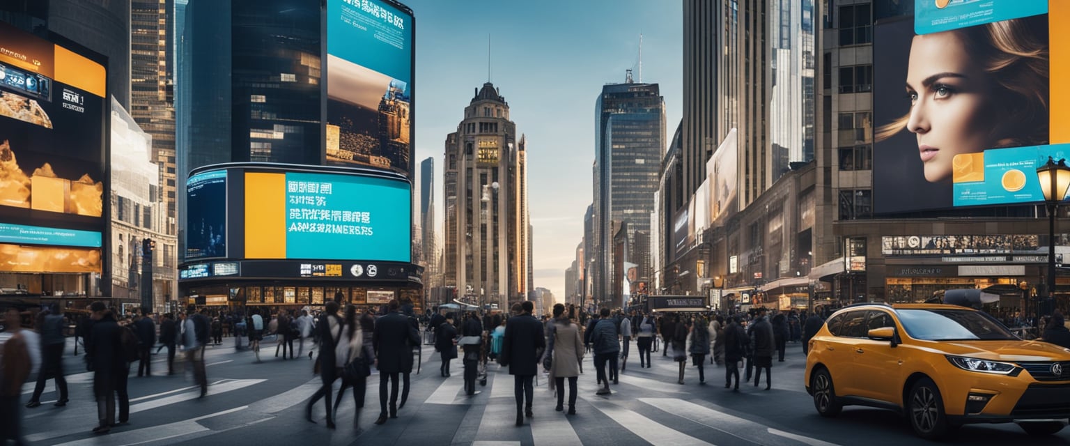 Eine belebte Stadtstraße mit digitalen Plakatwänden und Bildschirmen, die verschiedene Online-Werbung für Unternehmen anzeigen.