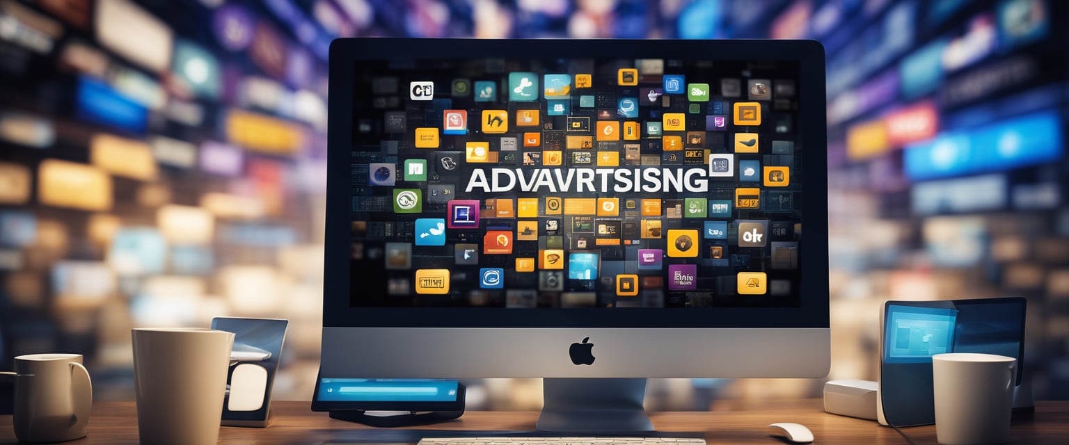 Ein Computerbildschirm, der verschiedene Online-Werbeformate für Unternehmen anzeigt, wie z.B. Banneranzeigen, Social-Media-Anzeigen und Suchmaschinenmarketing.
