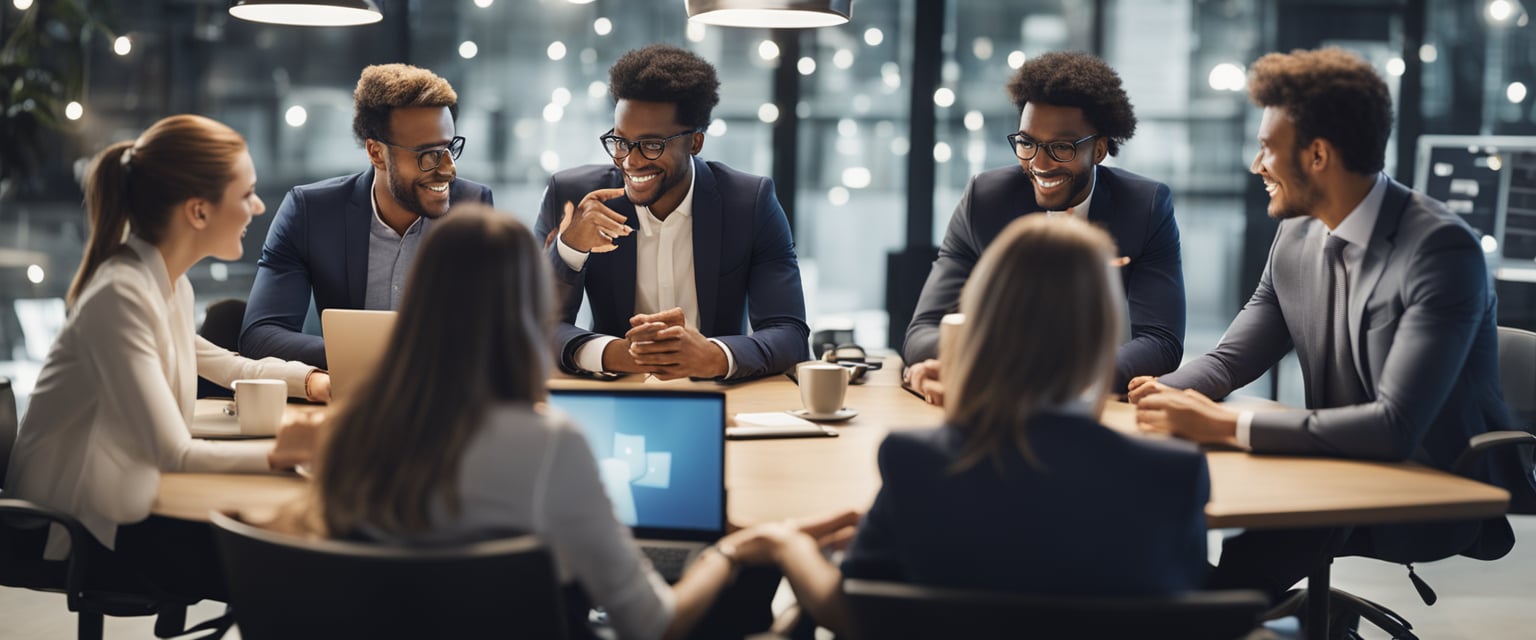 Eine Gruppe von Menschen in Geschäftsbekleidung, die an einer lebhaften und kreativen Brainstorming-Sitzung teilnehmen, umgeben von digitalen Geräten und sozialen Medien-Icons.