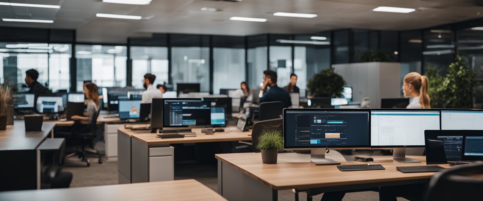 Ein geschäftiges Büro mit Mitarbeitern, die TikTok-Inhalte an ihren Computern erstellen und Marketingstrategien brainstormen.