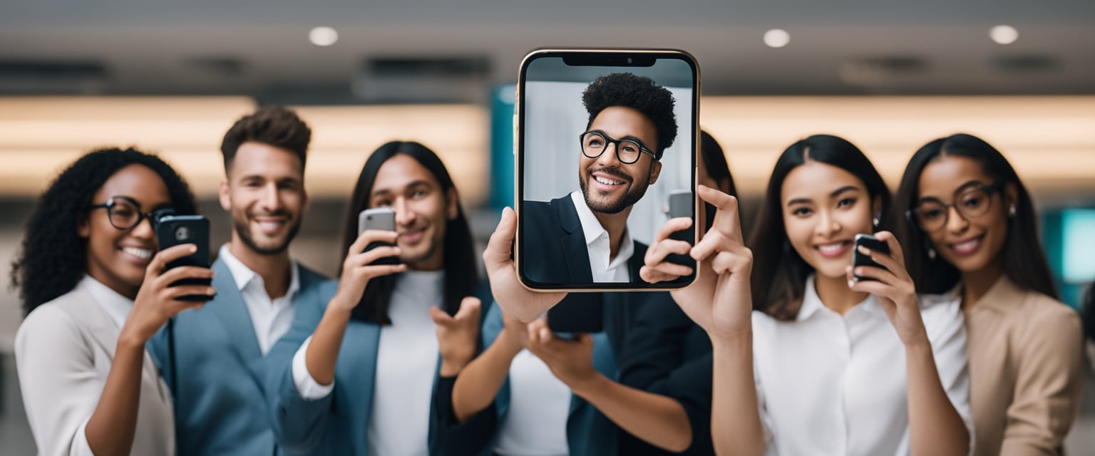 Eine Gruppe von vielfältigen Fachleuten, die TikTok auf ihren Smartphones für Geschäftswerbung und -promotion nutzen.