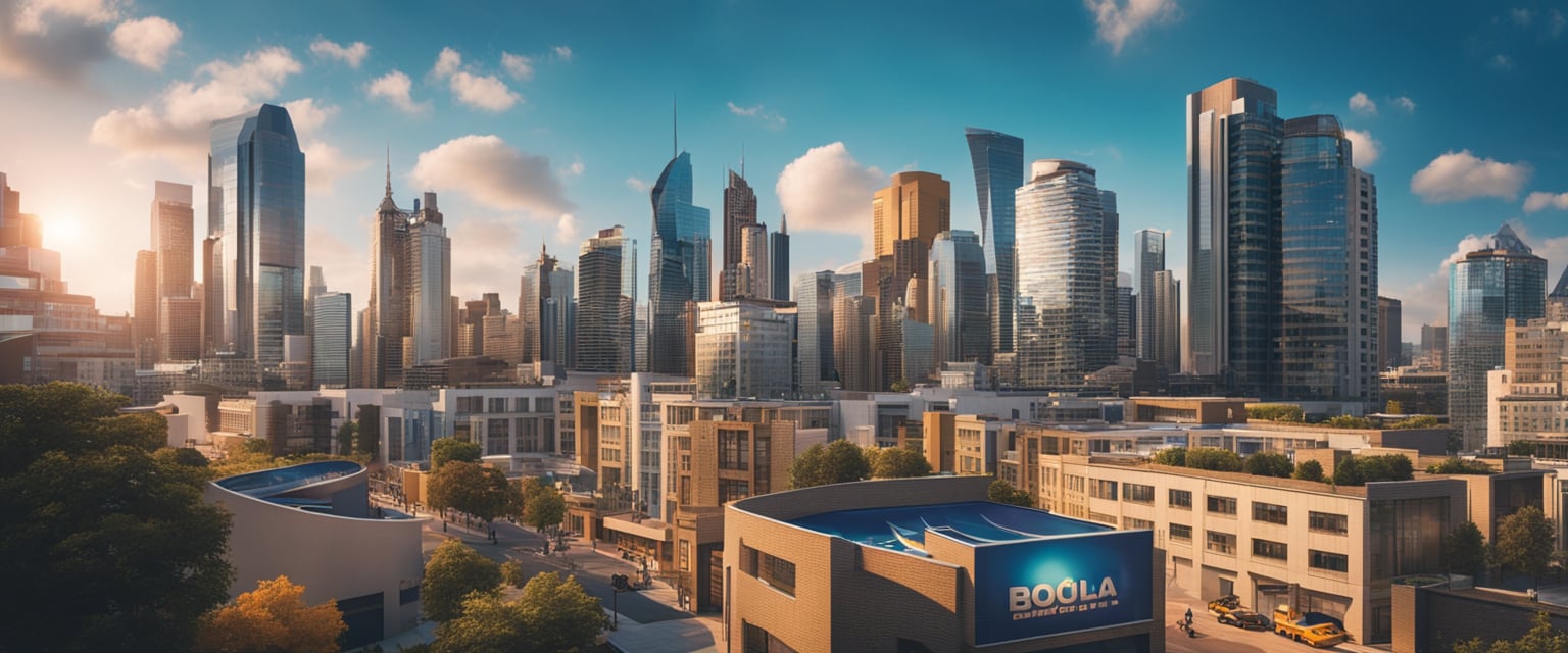 Eine lebendige Stadtlandschaft mit modernen Gebäuden und bunten Schildern, vor einem hellen Himmel.