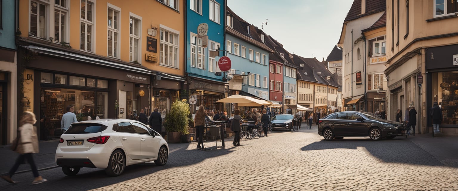 Eine belebte Straße in Korschenbroich mit bunten Schaufenstern und einem auffälligen Schild für eine lokale Werbeagentur. Beschäftigte Fußgänger und Autos fahren vorbei.