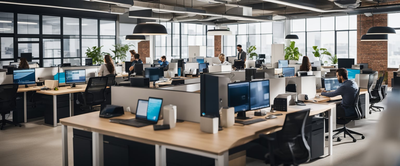 Ein geschäftiges Büro, gefüllt mit kreativen Fachleuten, die an Marketingstrategien und Designs für verschiedene Kunden zusammenarbeiten. Helle Farben und moderne Dekoration füllen den Raum.