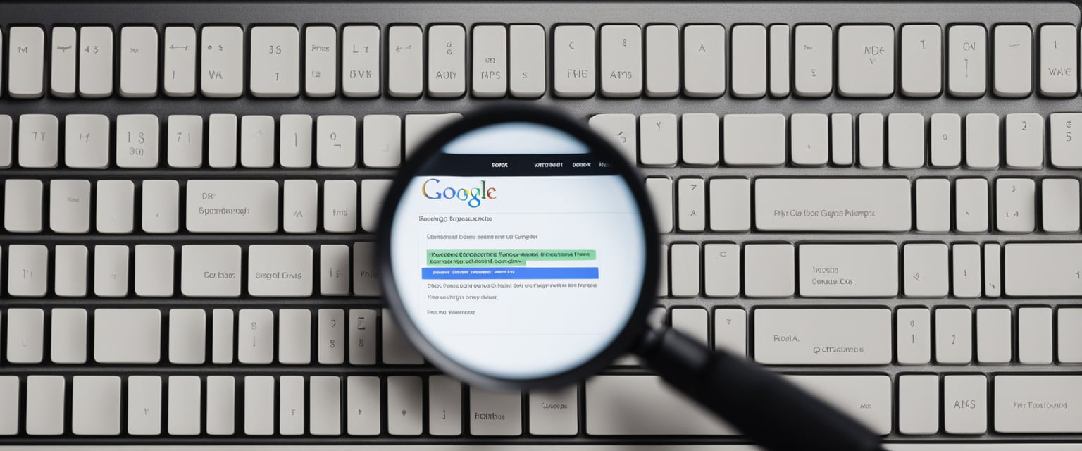 Ein Computerbildschirm, der eine Liste kritischer Google-Ranking-Faktoren anzeigt, mit einer Lupe, die darüber schwebt.