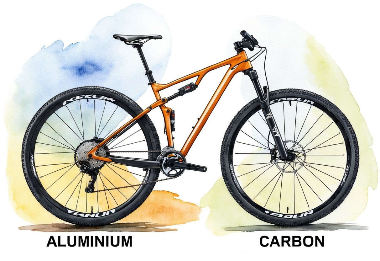 A mountain bike with two sets of wheels, one made of aluminum and the other of carbon, side by side for comparison