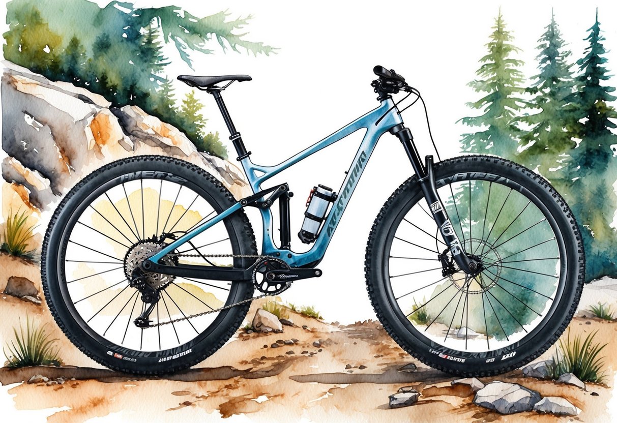 A mountain bike with aluminum and carbon wheels side by side, on a rugged trail with trees and rocks in the background