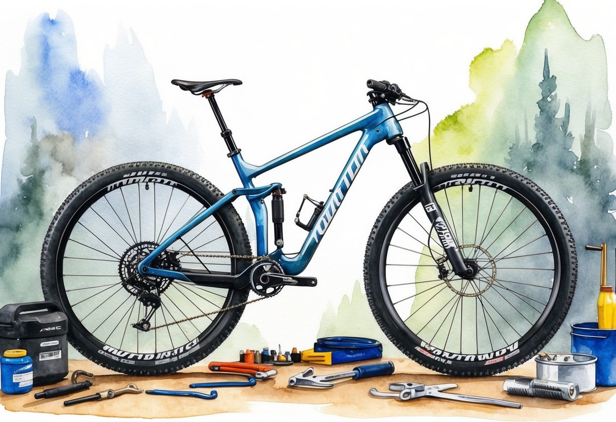 A rugged mountain bike with aluminum and carbon wheels side by side, surrounded by tools and maintenance equipment