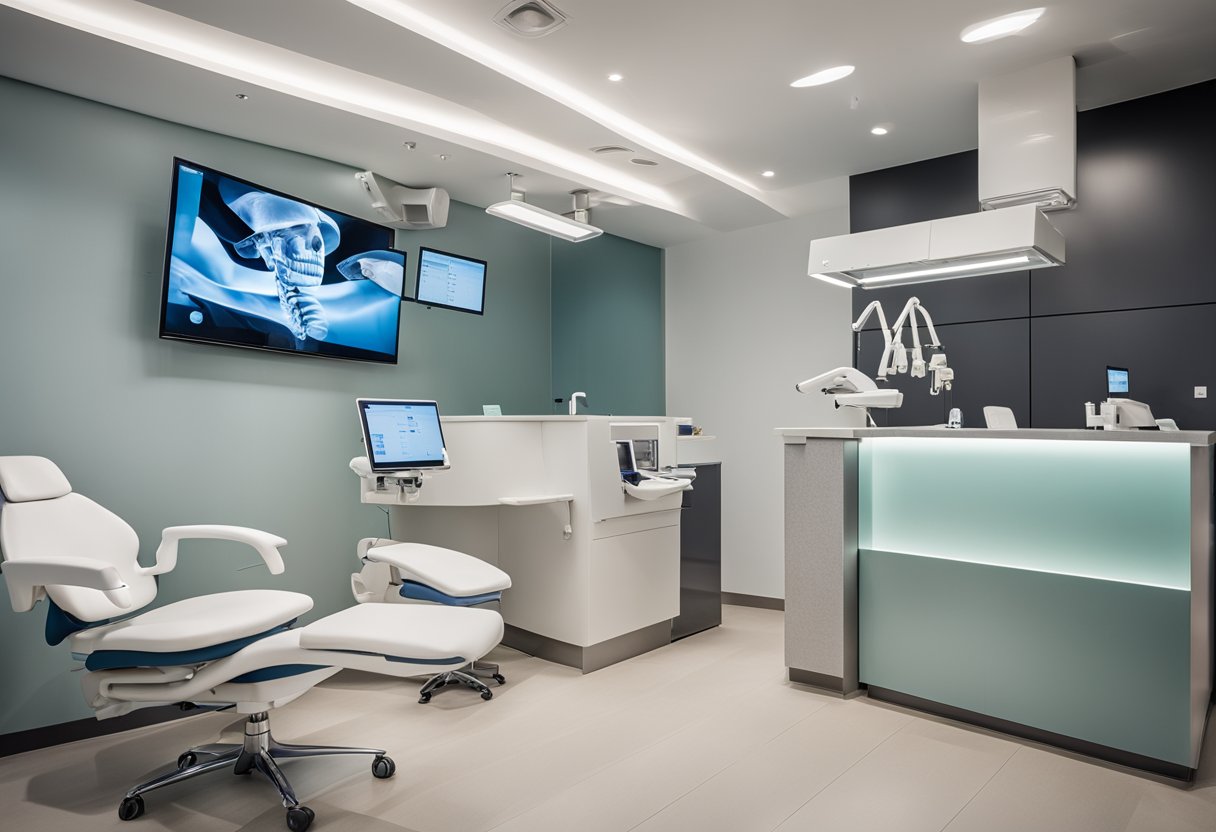 Una clínica dental moderna en Madrid con una sala de espera luminosa y limpia, y equipos de última generación