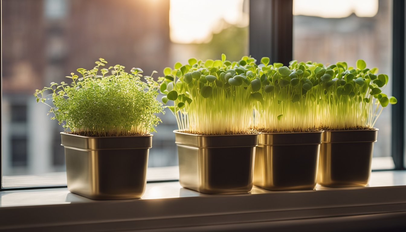 Sunlit windowsill with three microgreen trays at different growth stages, vintage brass mister, and city backdrop