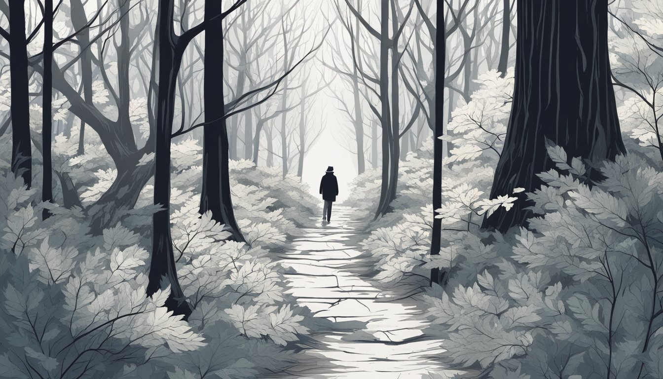 A lone figure navigates through a dense forest, carefully stepping over fallen branches and avoiding dry leaves, blending seamlessly with the natural surroundings