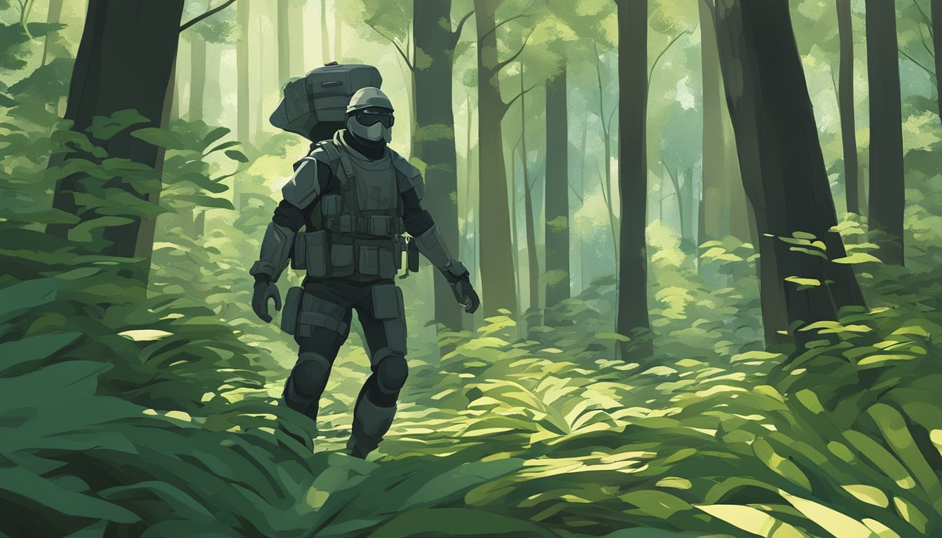 A figure moves silently through the dense forest, clad in specialized gear designed for stealth. The dappled sunlight filters through the leaves, casting shadows on the forest floor as the figure moves undetected