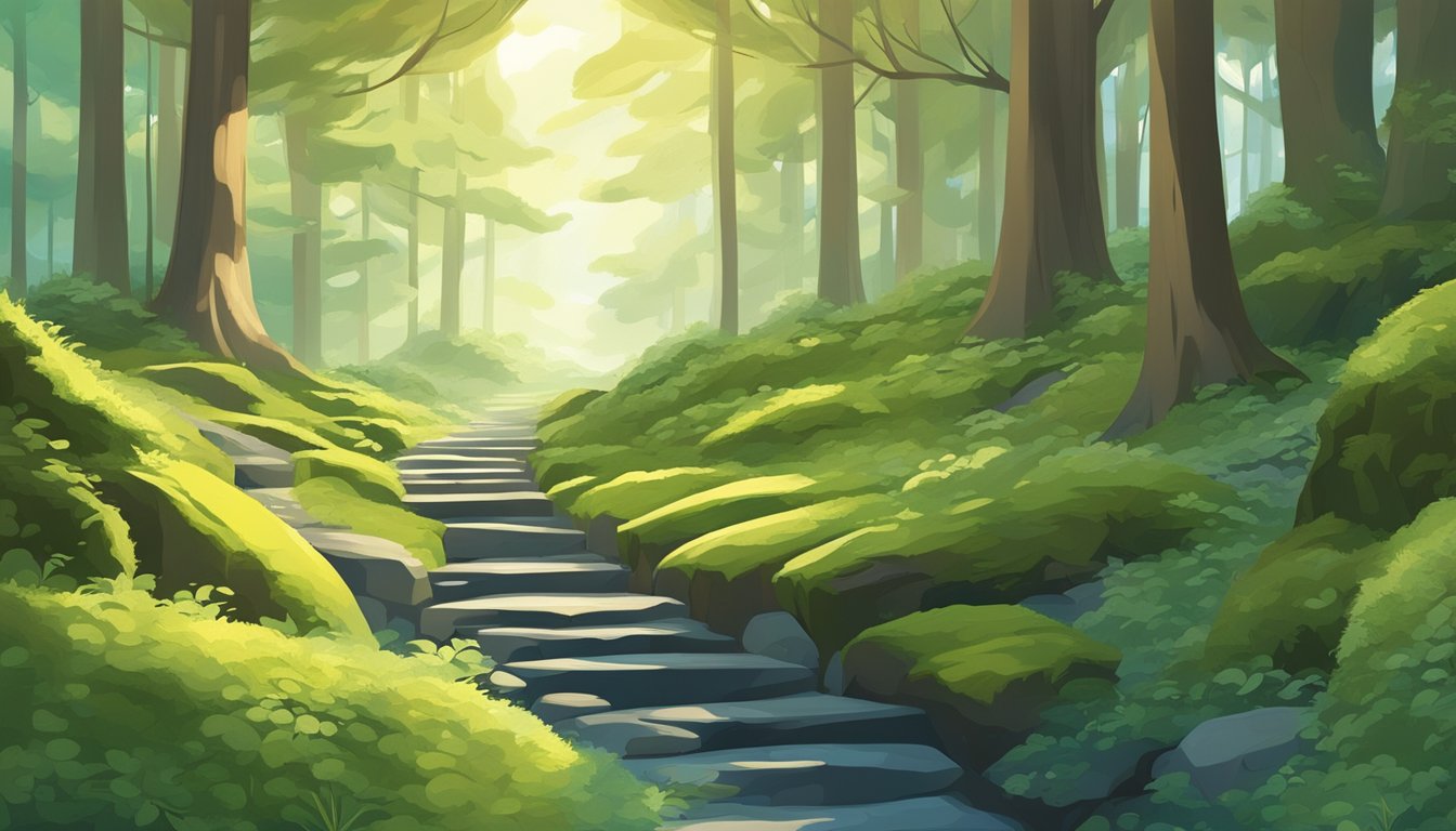 A serene forest with a winding path, surrounded by towering trees and a clear blue sky. A compass sits on a moss-covered rock, with sunbeams filtering through the leaves