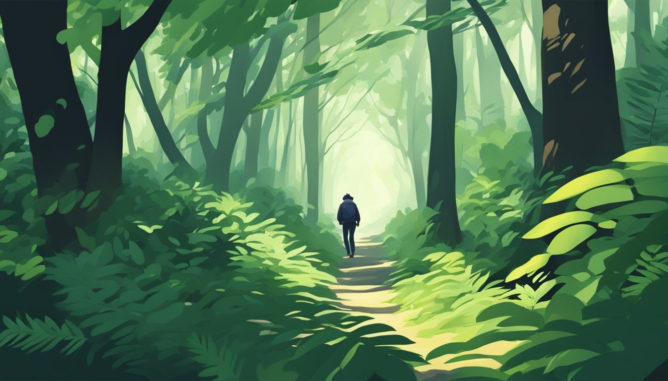 A figure moves soundlessly through the dense forest, blending seamlessly with the shadows and foliage