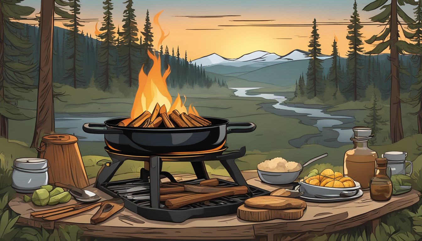 A campfire surrounded by cooking utensils, a cast iron skillet, and fresh ingredients, with a rustic table set up for preparing gourmet meals in the wilderness