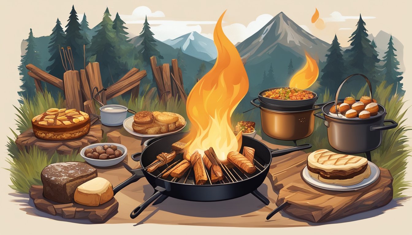 A crackling campfire surrounded by wilderness, with a variety of gourmet desserts and meals being prepared on skewers and in cast iron cookware