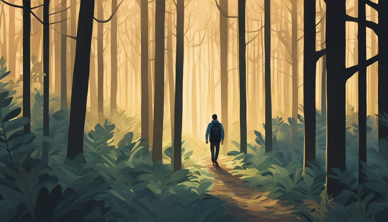 A dense forest at dusk, with tall trees casting long shadows. A figure moves silently among the underbrush, blending seamlessly into the natural surroundings