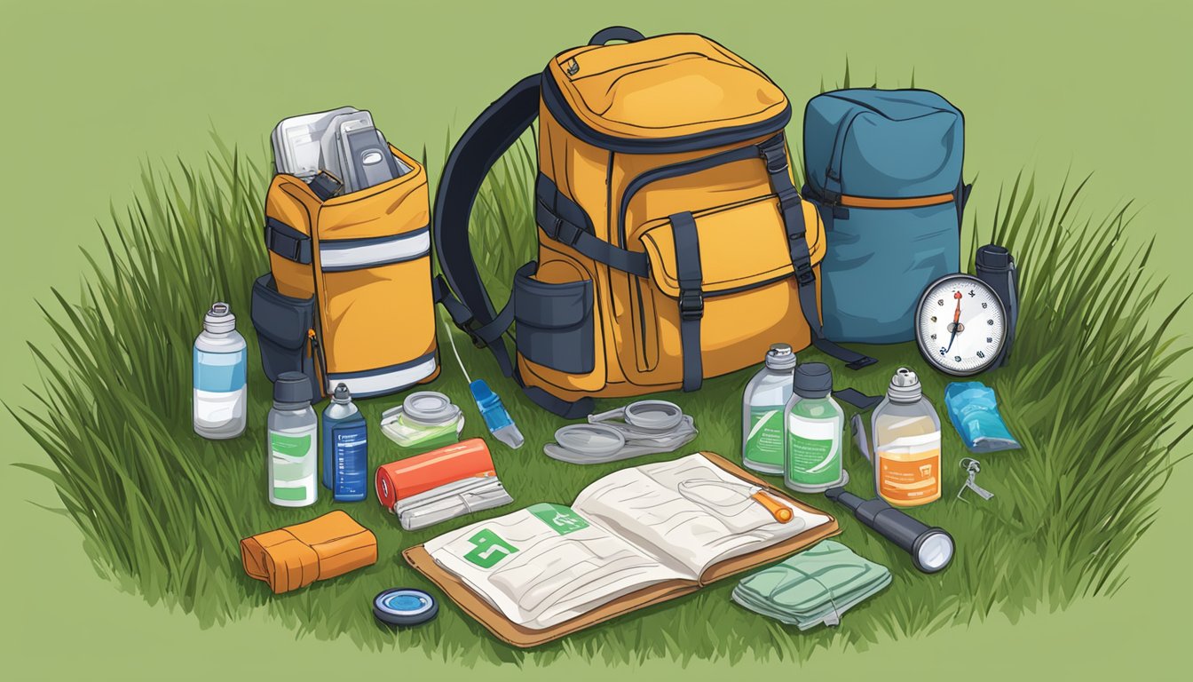 A rugged backpack open on the ground, with first aid supplies spilling out onto the grass. A compass, flashlight, and emergency blanket are visible