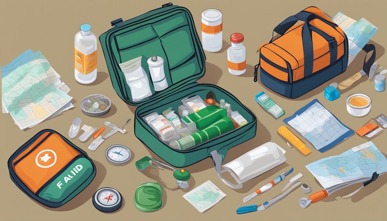 A rugged first aid kit open on the ground, with various medications and health supplies scattered around it. A compass and map are nearby, indicating the need for field navigation