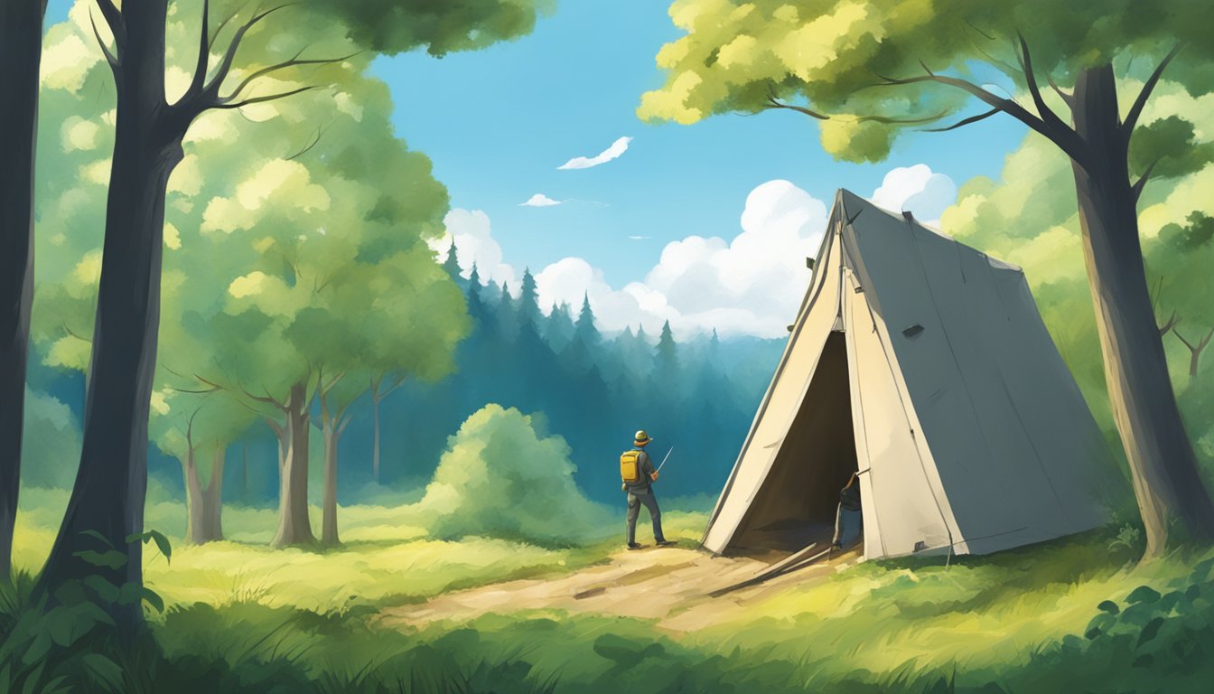 A figure constructs a shelter in a forest clearing, surrounded by trees and under a blue sky with fluffy white clouds