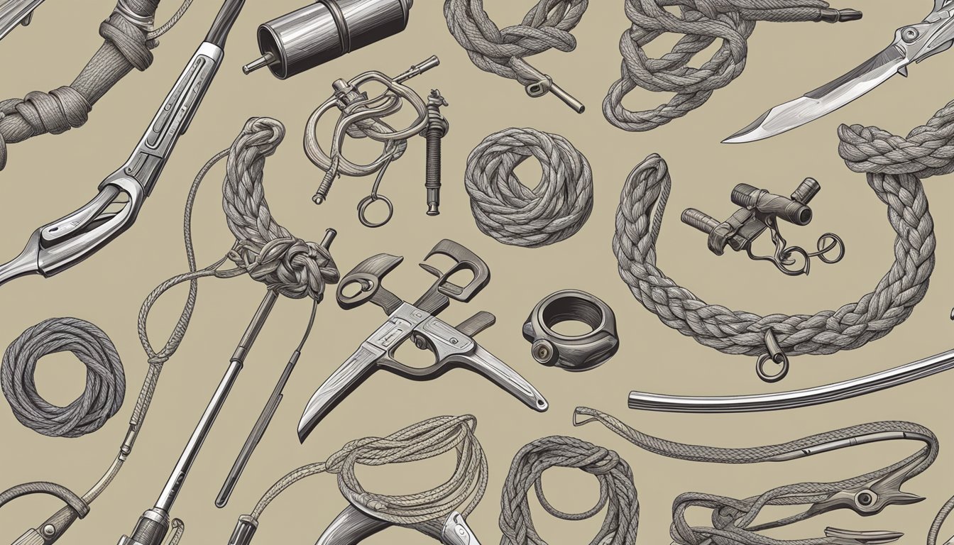 A detailed illustration of various intricate knots and techniques used for hunting gear, with emphasis on precision and skill