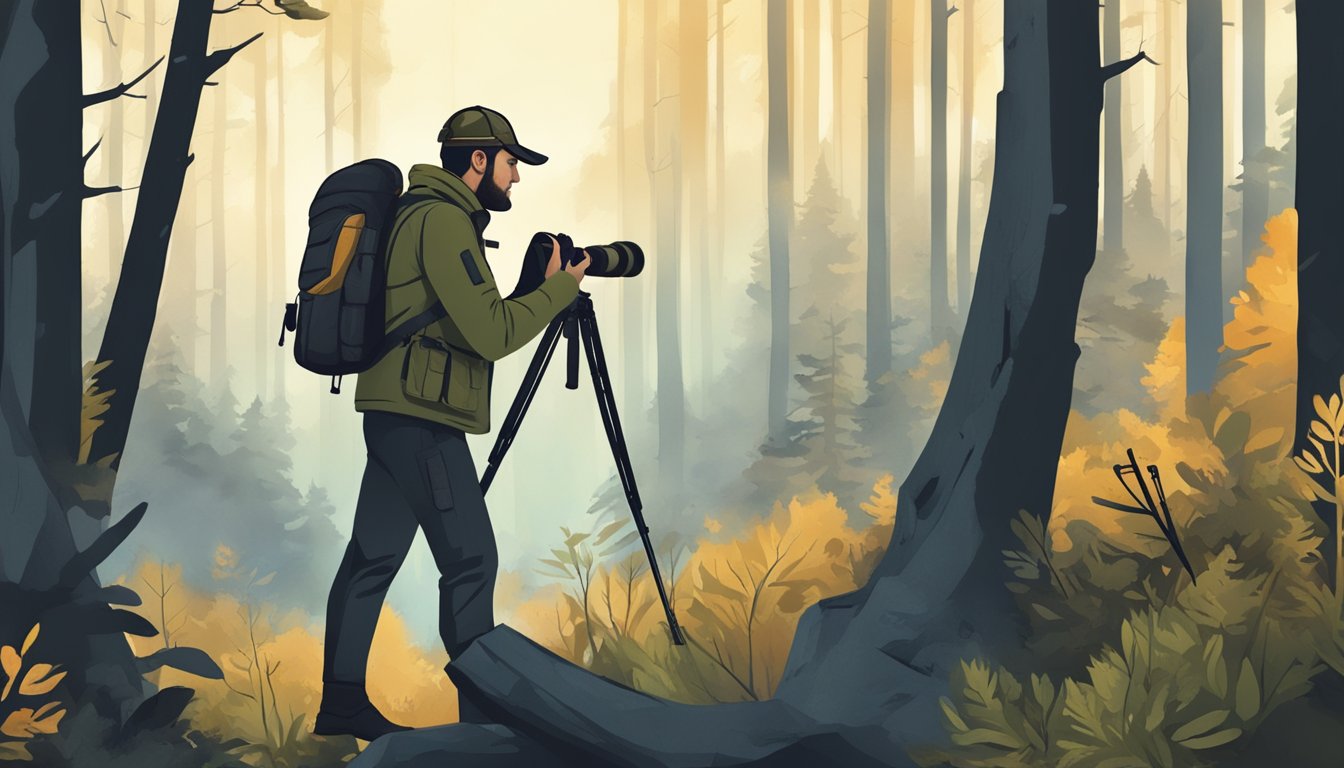 A hunter in a forest, using binoculars to observe wildlife from a hidden vantage point, with a GPS tracker and a rifle nearby