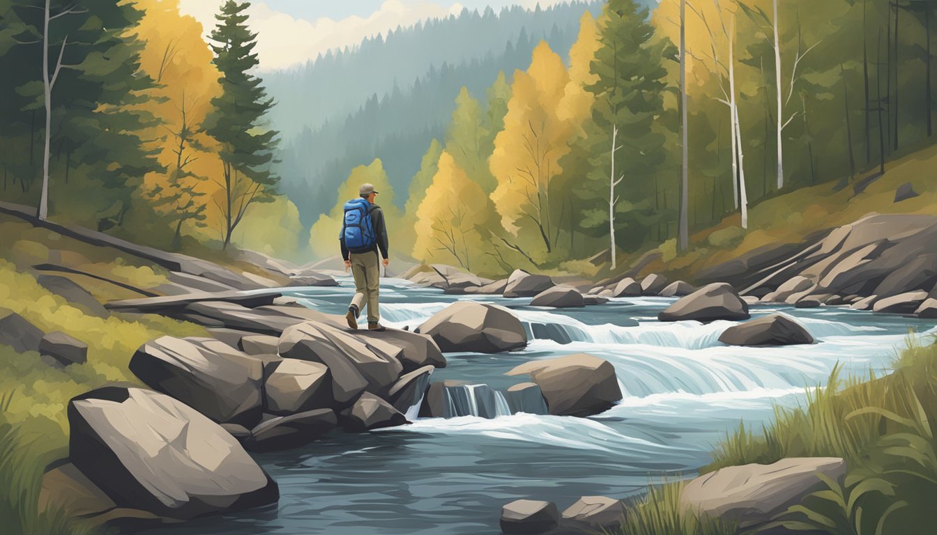 A hiker carefully assesses the rushing creek, studying techniques for safely navigating swift water