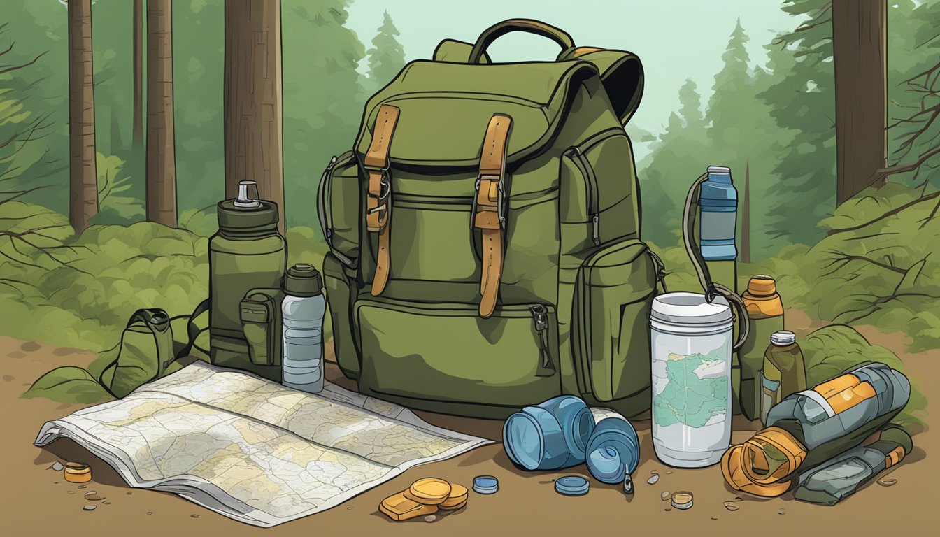 A hunter's backpack with water bottles, energy bars, and a map laid out on a forest floor