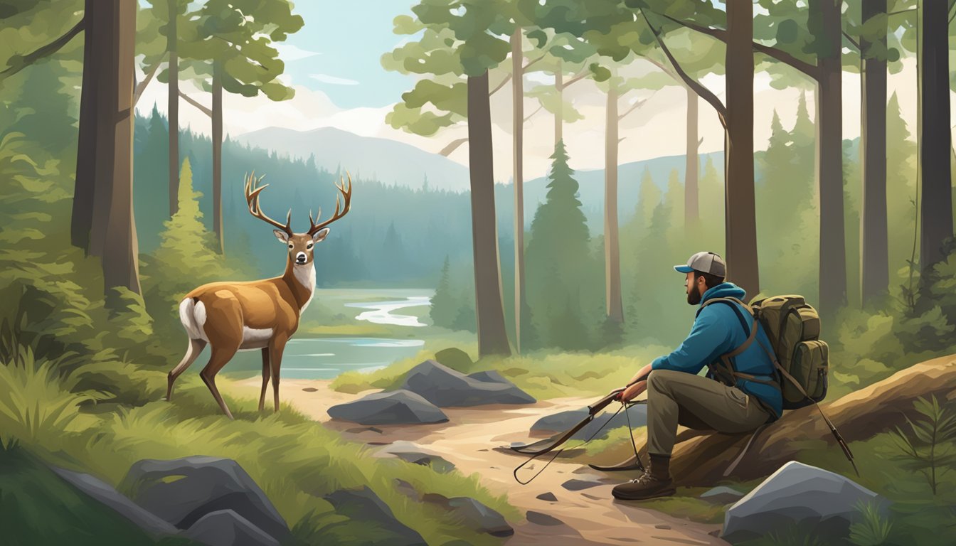 A forest clearing with a stretching deer, a flowing river, and a hunter's backpack and bow laid out on the ground