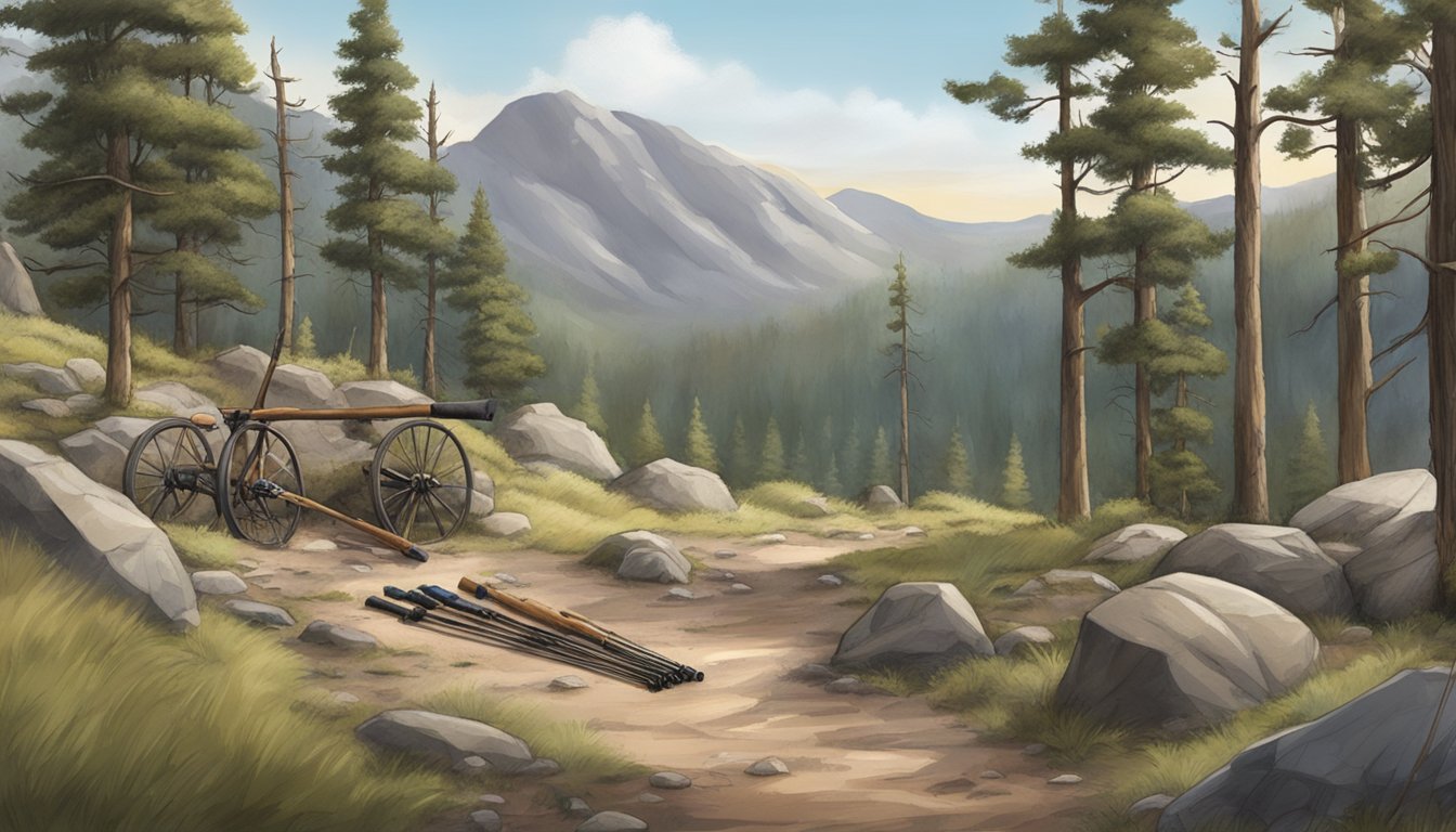 A rugged outdoor setting with trees, rocks, and a small clearing for exercise equipment. A bow, quiver, and hunting gear are visible nearby