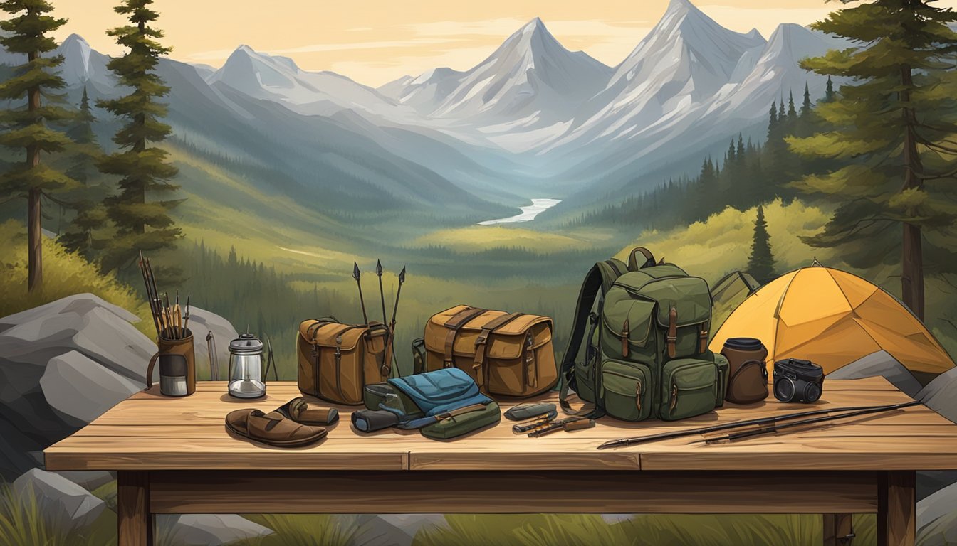 A rugged landscape with a forest, mountains, and a clear stream. A hunter's gear, including a bow, arrows, and a backpack, is laid out on a weathered wooden table