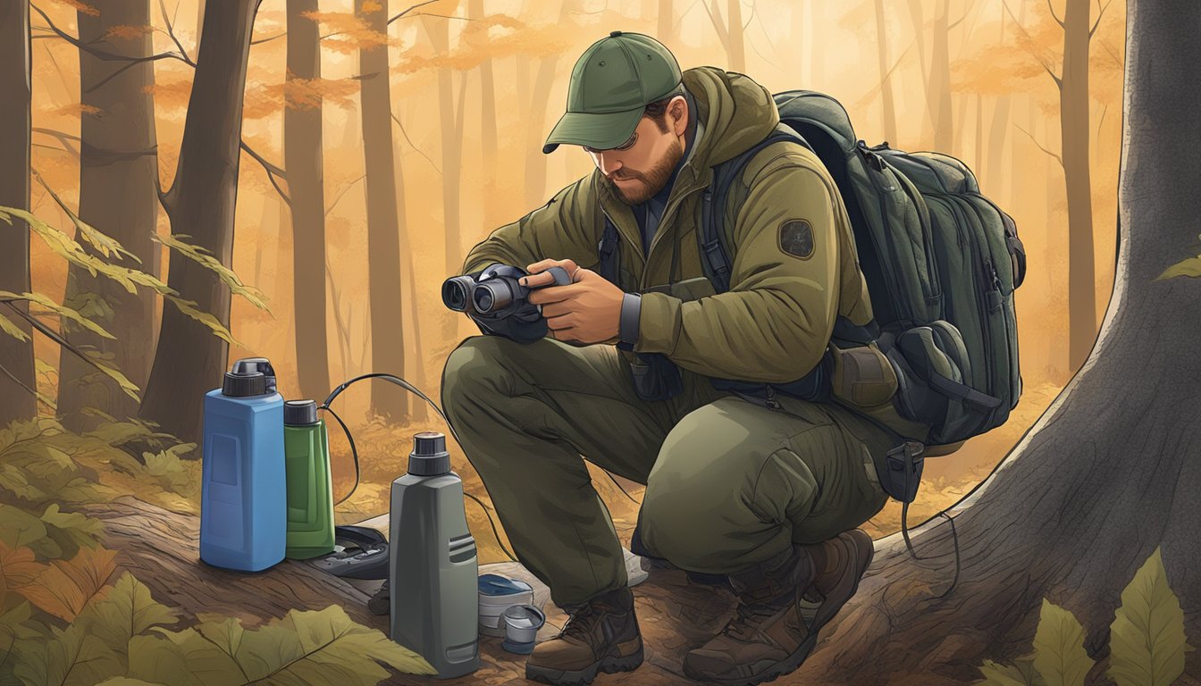 A hunter carefully selects scent-free clothing and sprays scent control solution on gear before heading into the woods at dawn