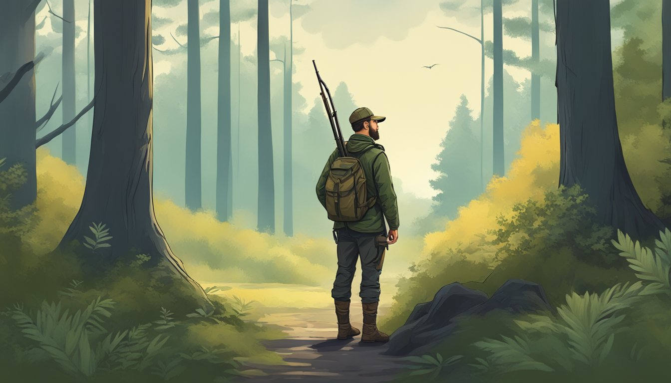 A hunter stands in a tranquil forest, eyes focused, mind calm and ready. The surrounding nature exudes a sense of peace and serenity, setting the stage for mental preparation