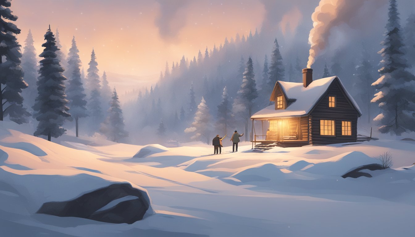 A snowy forest with a lone cabin, smoke rising from the chimney, as a person in warm clothing tends to a fire outside