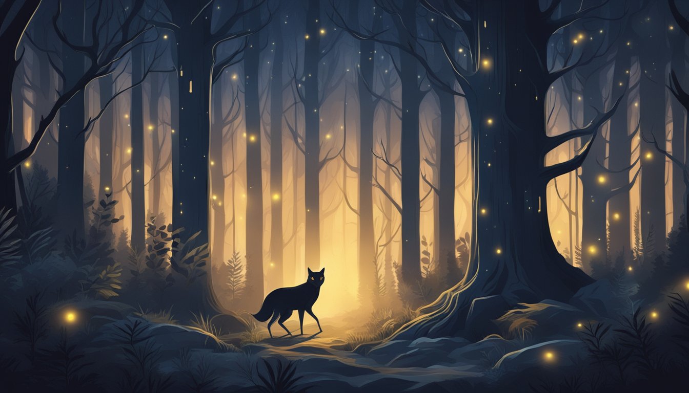 A dark forest with glowing eyes of nocturnal animals, illuminated by a dim moonlight and faint starlight, creating a mysterious and eerie atmosphere