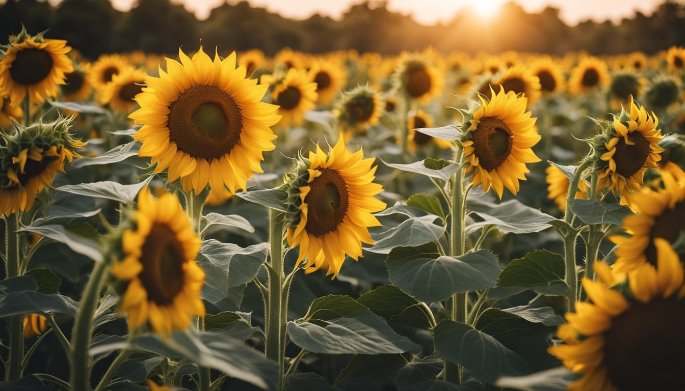 A sunflower field with ripe, golden sunflowers being harvested and then pressed to extract oil