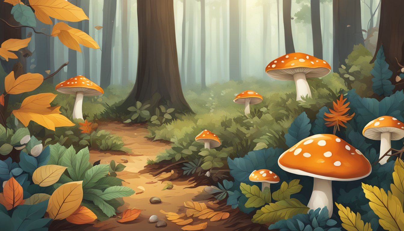 A forest floor with a variety of wild edibles such as mushrooms, berries, and herbs scattered among fallen leaves and branches