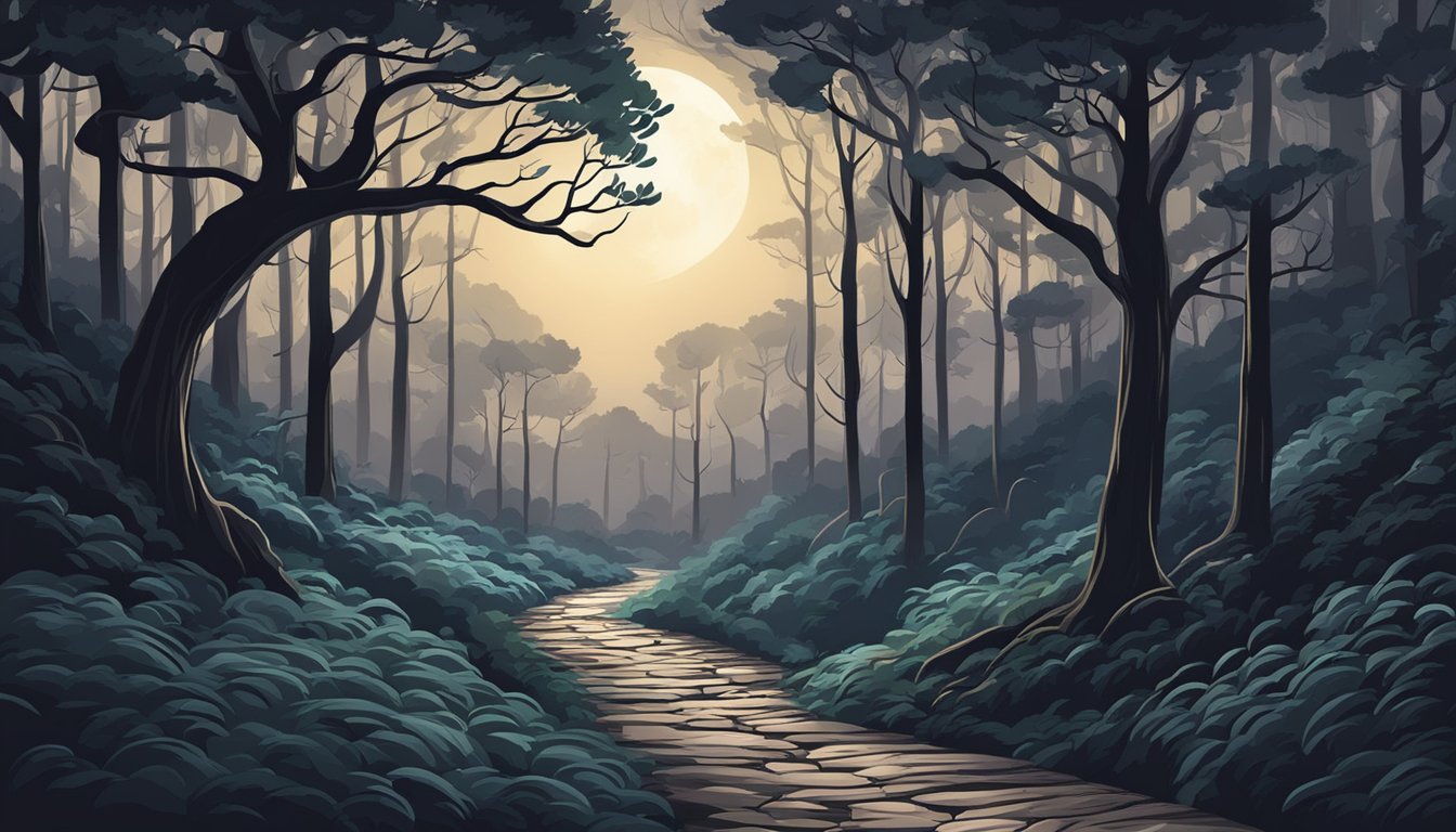 A dark forest with moonlit trees and a winding path