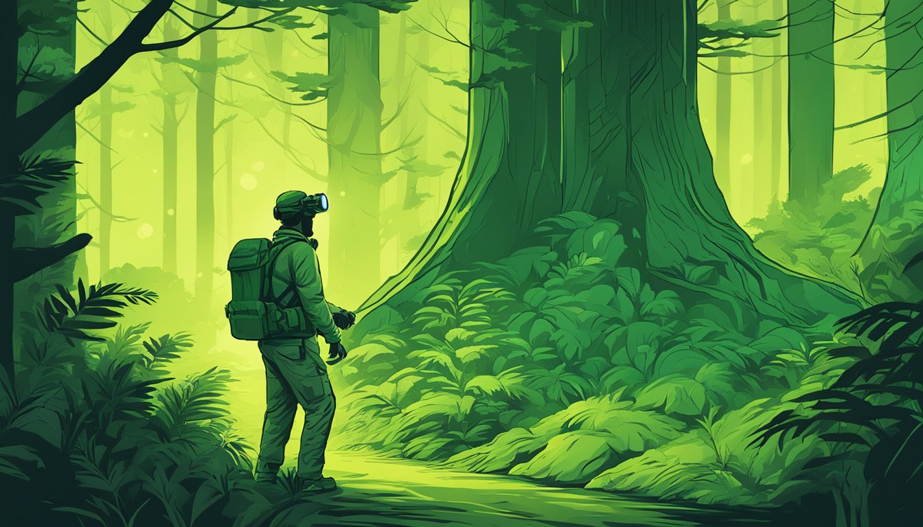 A figure uses night vision goggles to navigate through a dimly lit forest, carefully avoiding obstacles and relying on the green-tinted view